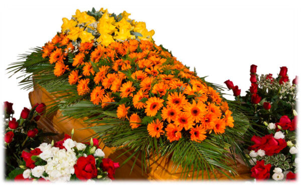 Copricassa_di_Gerbere_Arancio_con_Ciuffo_Rose_Gialle